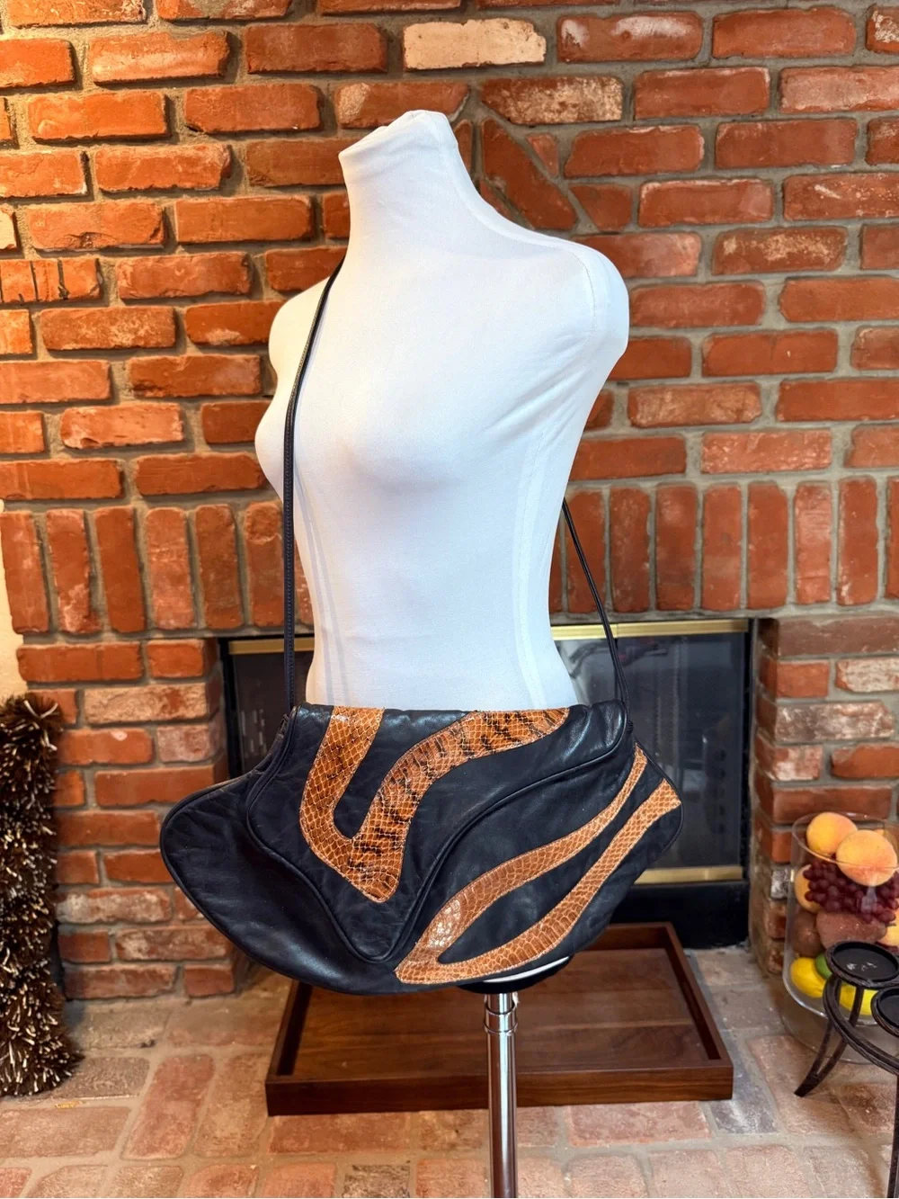Vintage Black Soft Leather Shoulder Bag Snakeskin Inlay Slouch Hobo Boho Artisan